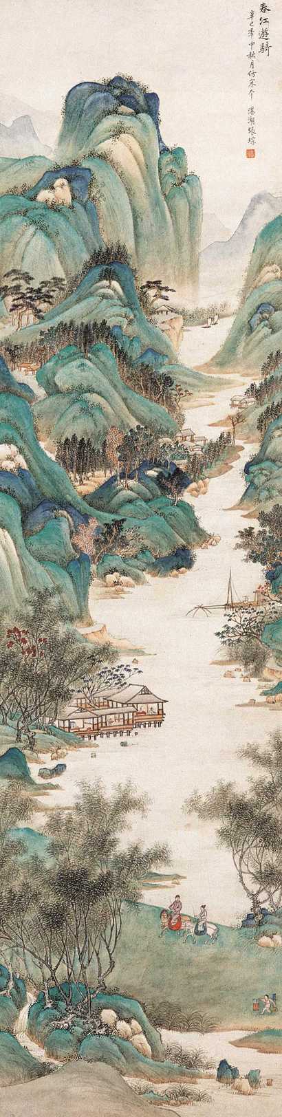 张琮 辛巳（1941年）作 春江游骑 立轴